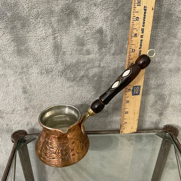 Vintage Copper+? Turkish coffee Cezve mother of pearl inlay wood handle - Picture 11 of 12